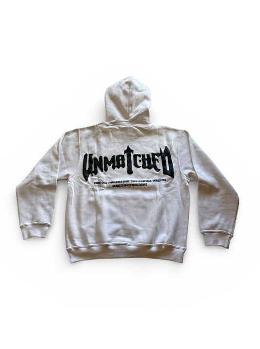 White Unmatched Hoodie - Puff Print & Silk Hood