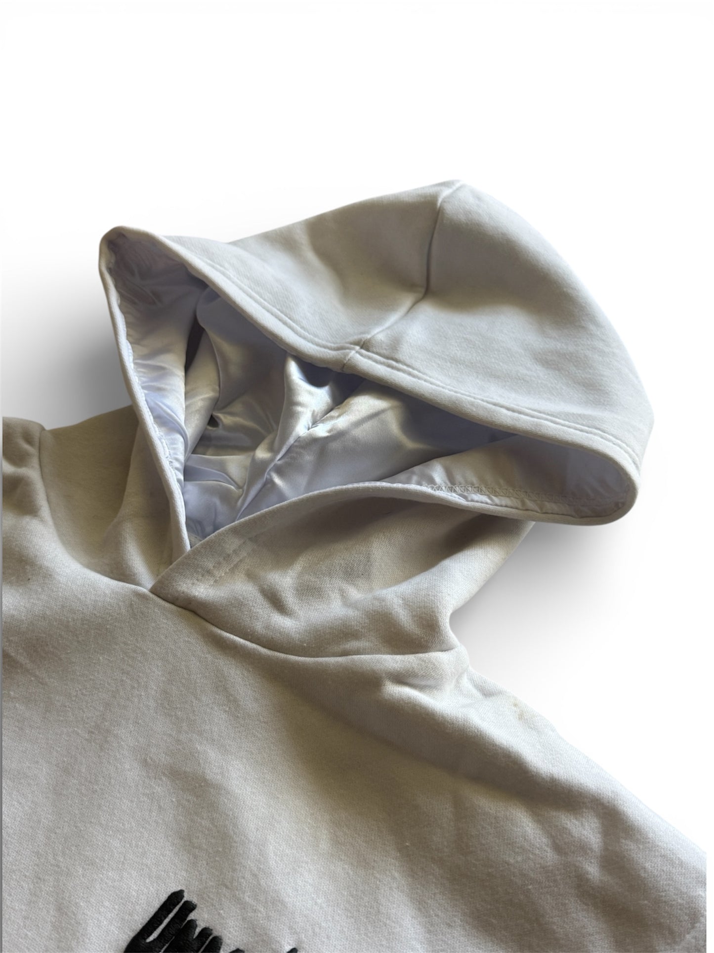 White Unmatched Hoodie - Puff Print & Silk Hood