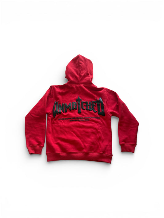 Red Unmatched Hoodie- Puff Print & Silk Hood