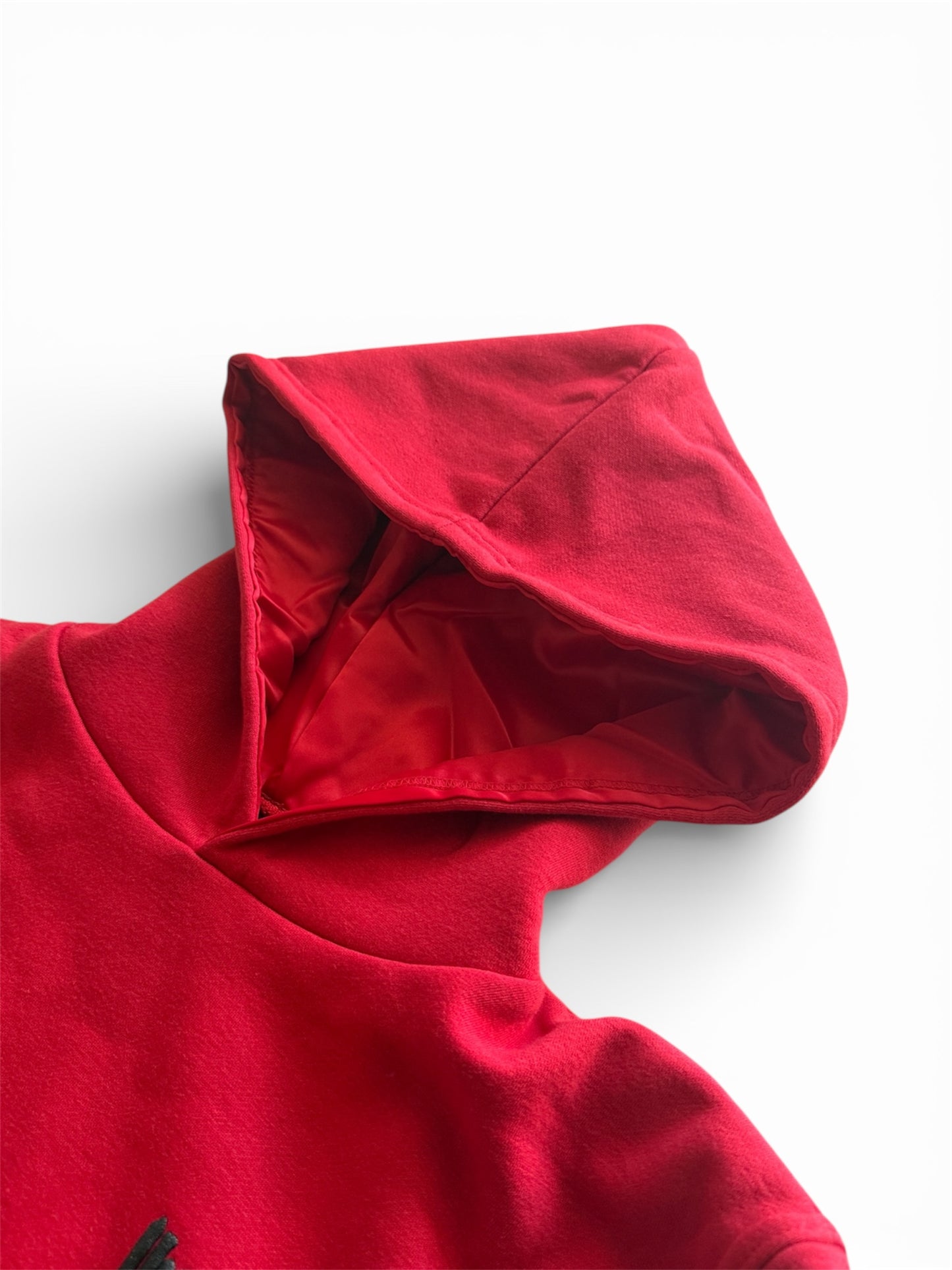 Red Unmatched Hoodie- Puff Print & Silk Hood