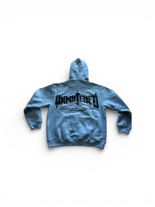 Baby Blue Unmatched Hoodie- Puff Print & Silk Hood