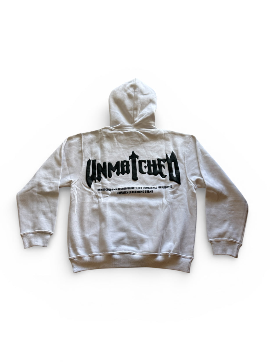 White Unmatched Hoodie - Puff Print & Silk Hood
