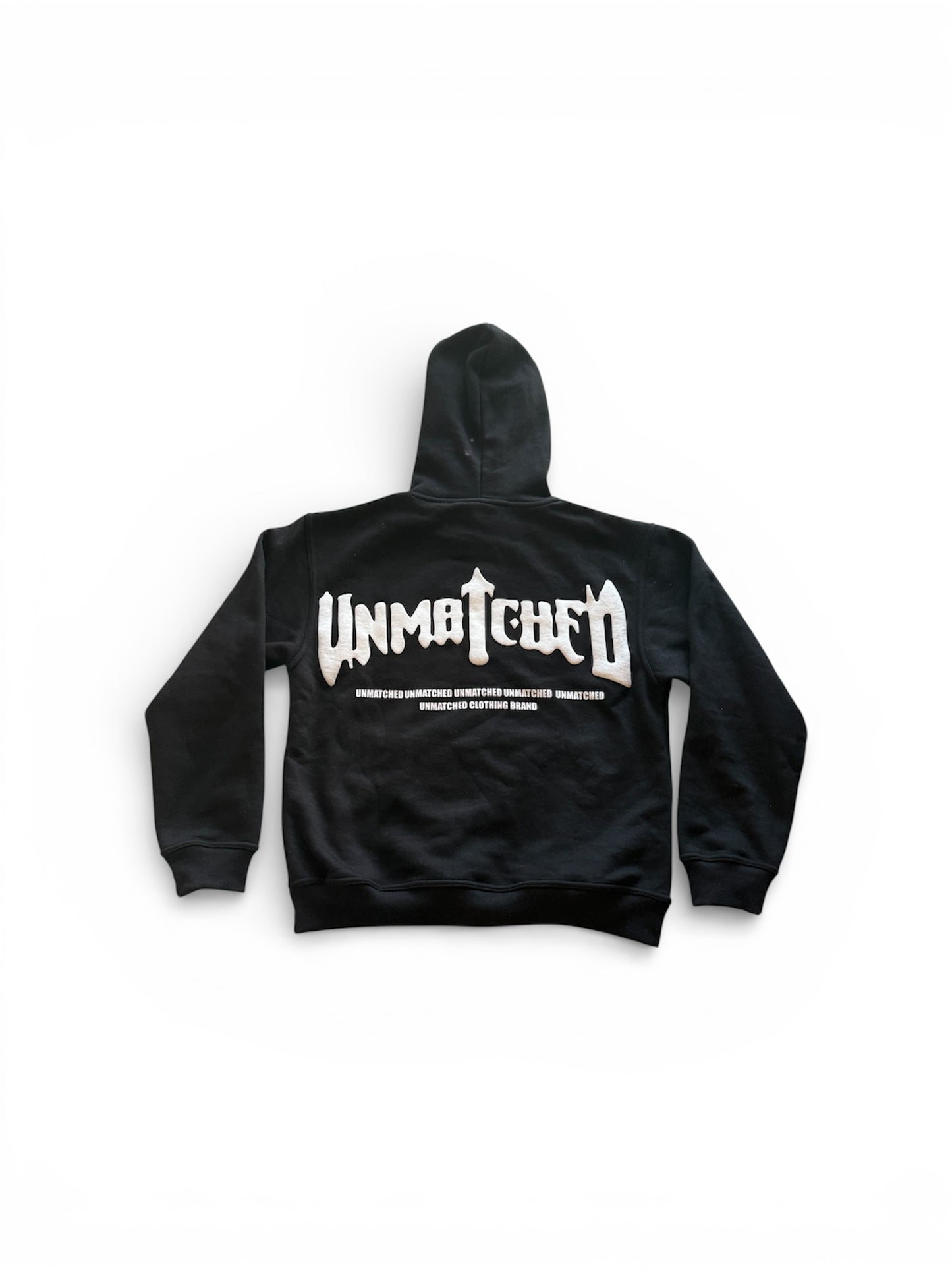 Black Unmatched Hoodie- Puff Print & Silk Hood