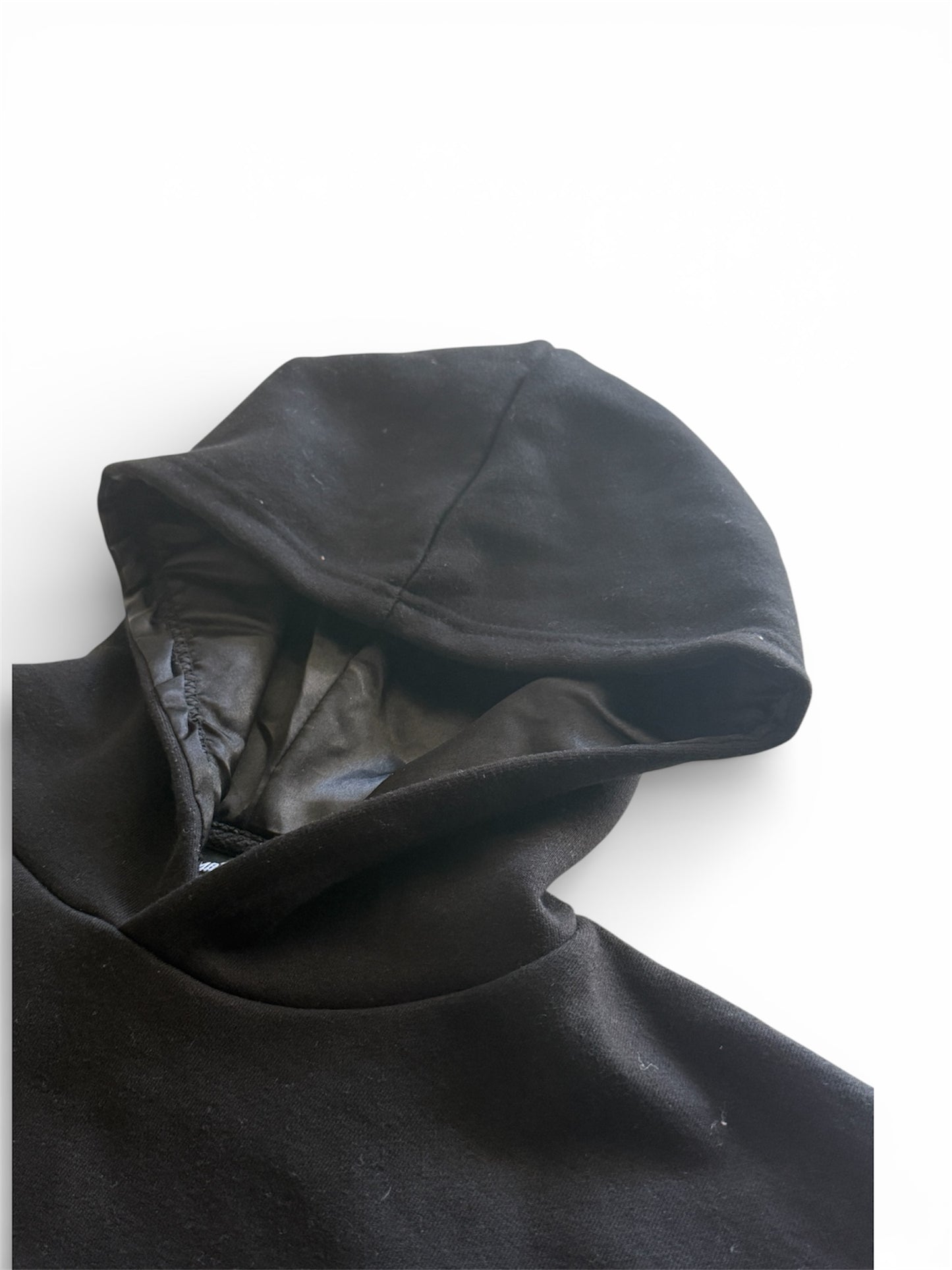 Black Unmatched Hoodie- Puff Print & Silk Hood